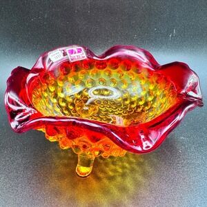 Viking Glass Amberina Hobnail Footed Bowl Ruffled Edge Vintage Swung Art Glass